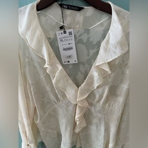 Zara Sheer Ivory Button Down Blouse Size XL